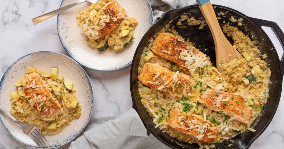 One Pan Salmon Orzo With Artichokes & Zucchini