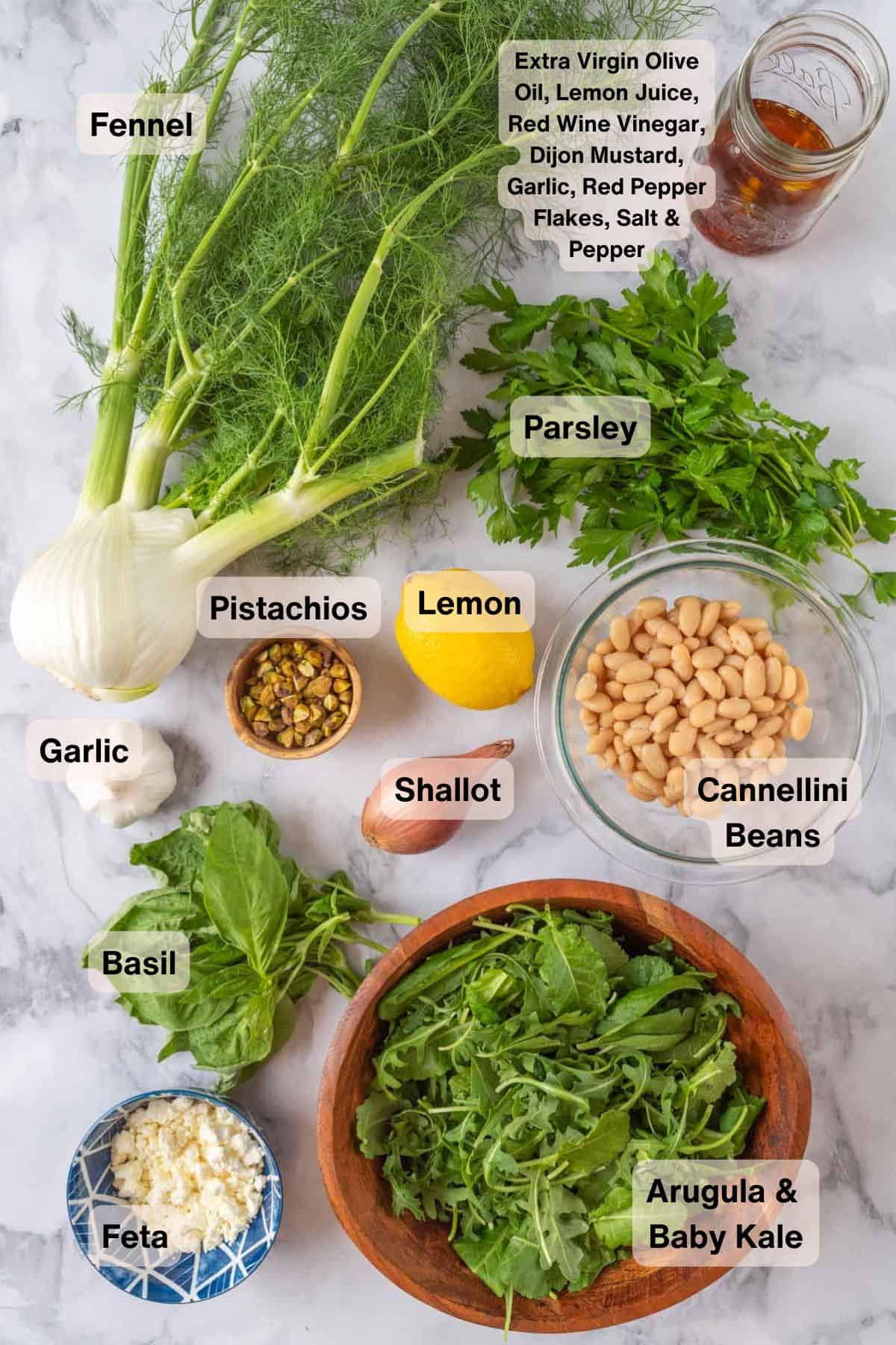 Ingredients for a Marinated Italian White Bean Arugula Salad, in various bowls and dishes, spread out over a white marble countertop.