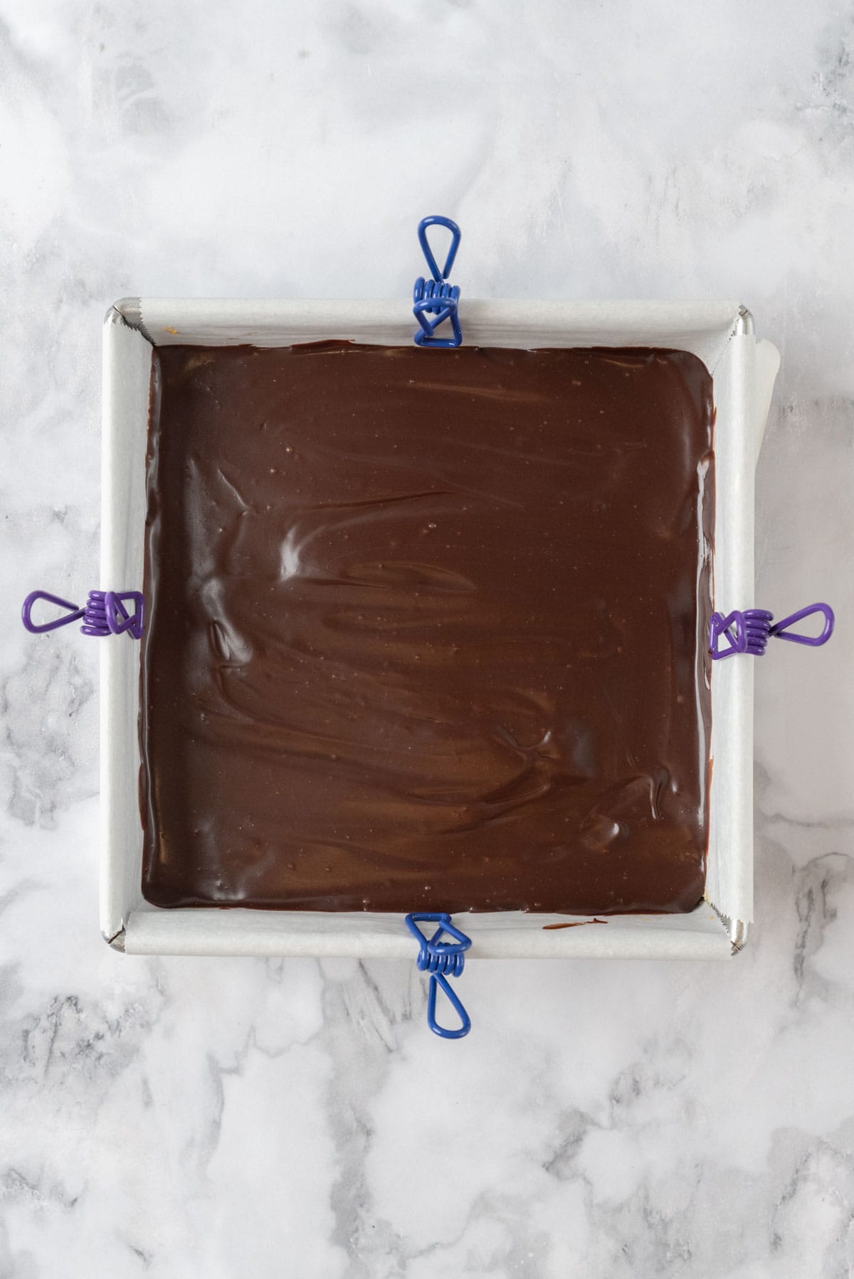 Chilled chocolate espresso bars. Ready to be pulled out of the pan and cut with a clean, dry knife.