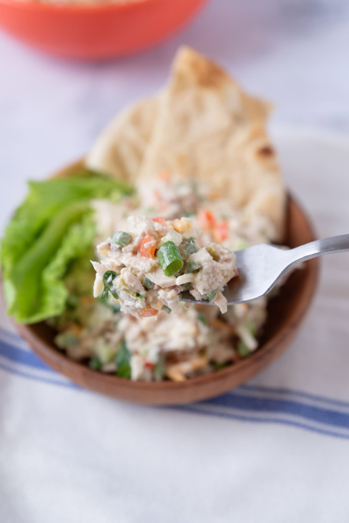 A fork full of chicken salad with the bowl and countertop out of focus behind the fork.