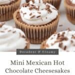 Mini Mexican hot chocolate cheesecakes topped with whipped cream and shaved chocolate resting on a serving platter. Graphics for Pinterest overlayed.