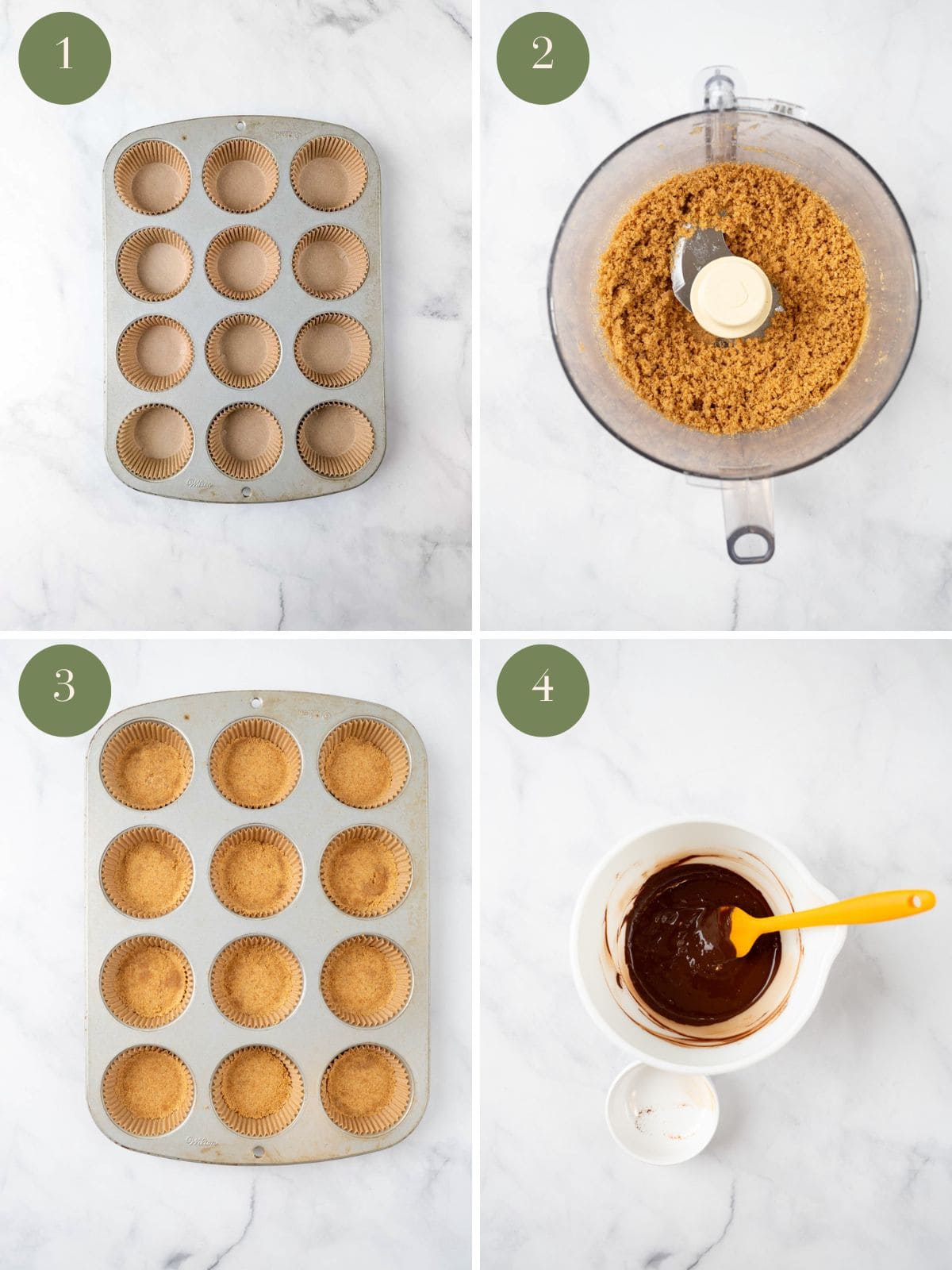 A grid with four pictures, steps one through four of the mini chocolate cupcake directions.