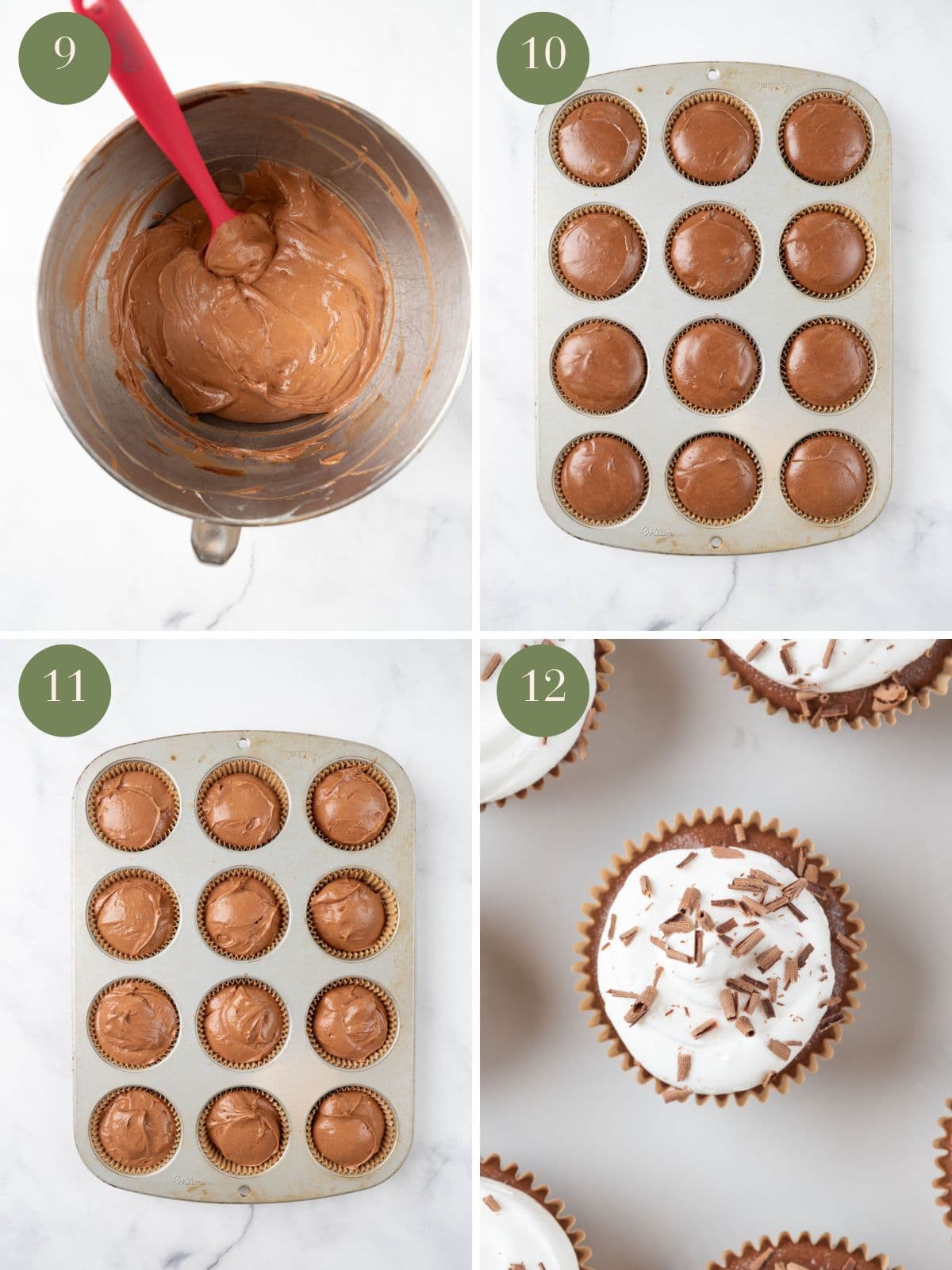 A grid with four pictures, steps nine through twelve of the mini chocolate cupcake directions.