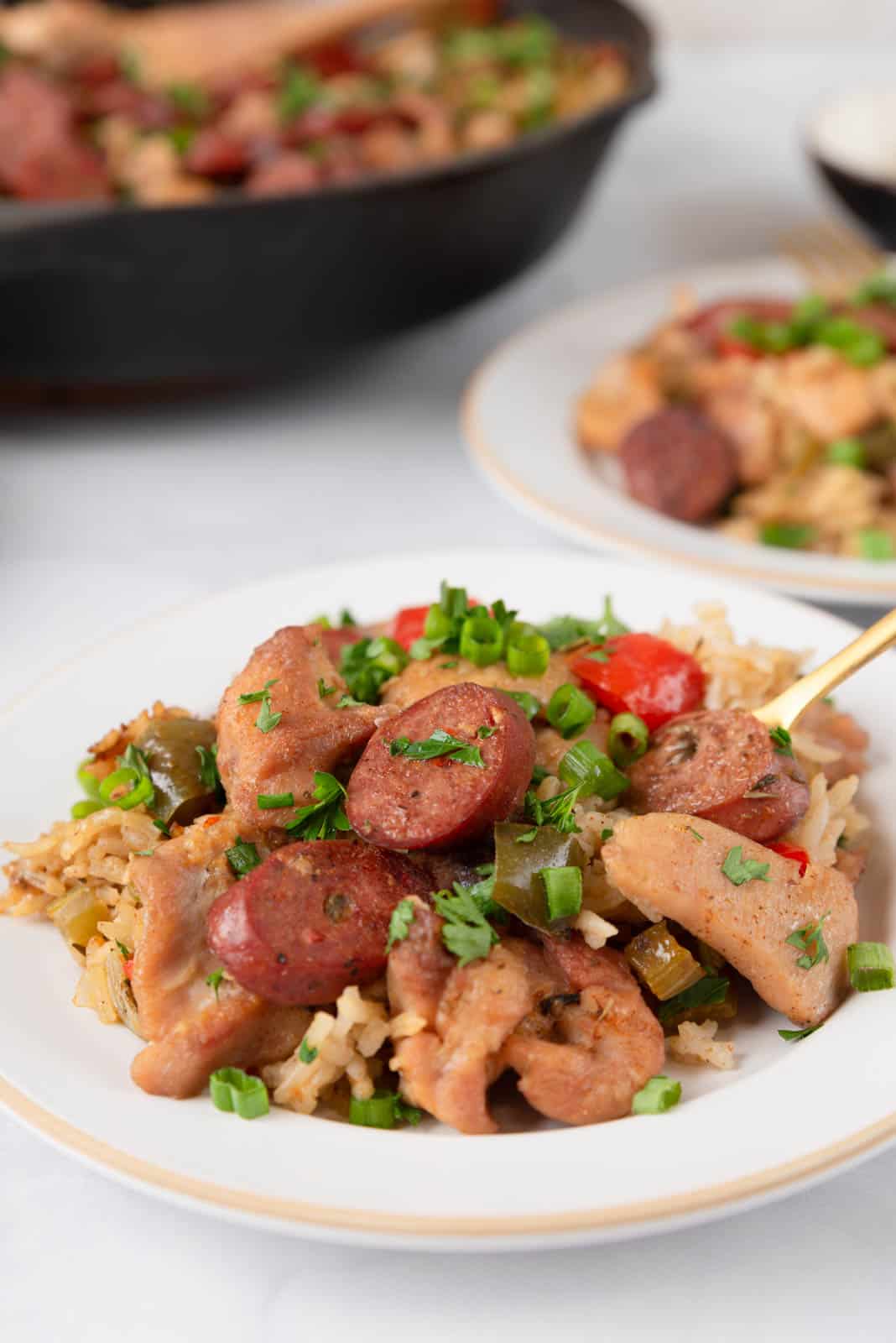 A closeup of a cream dinner plate filled with chicken dirty rice, a gold fork sticking out from the dish.