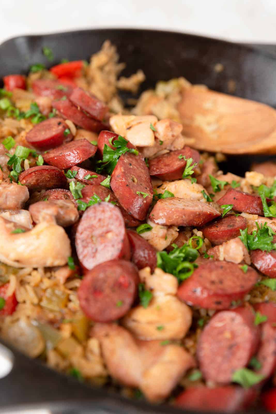 A closeup of chicken & chicken sausage dirty rice in a large black cast iron skillet.