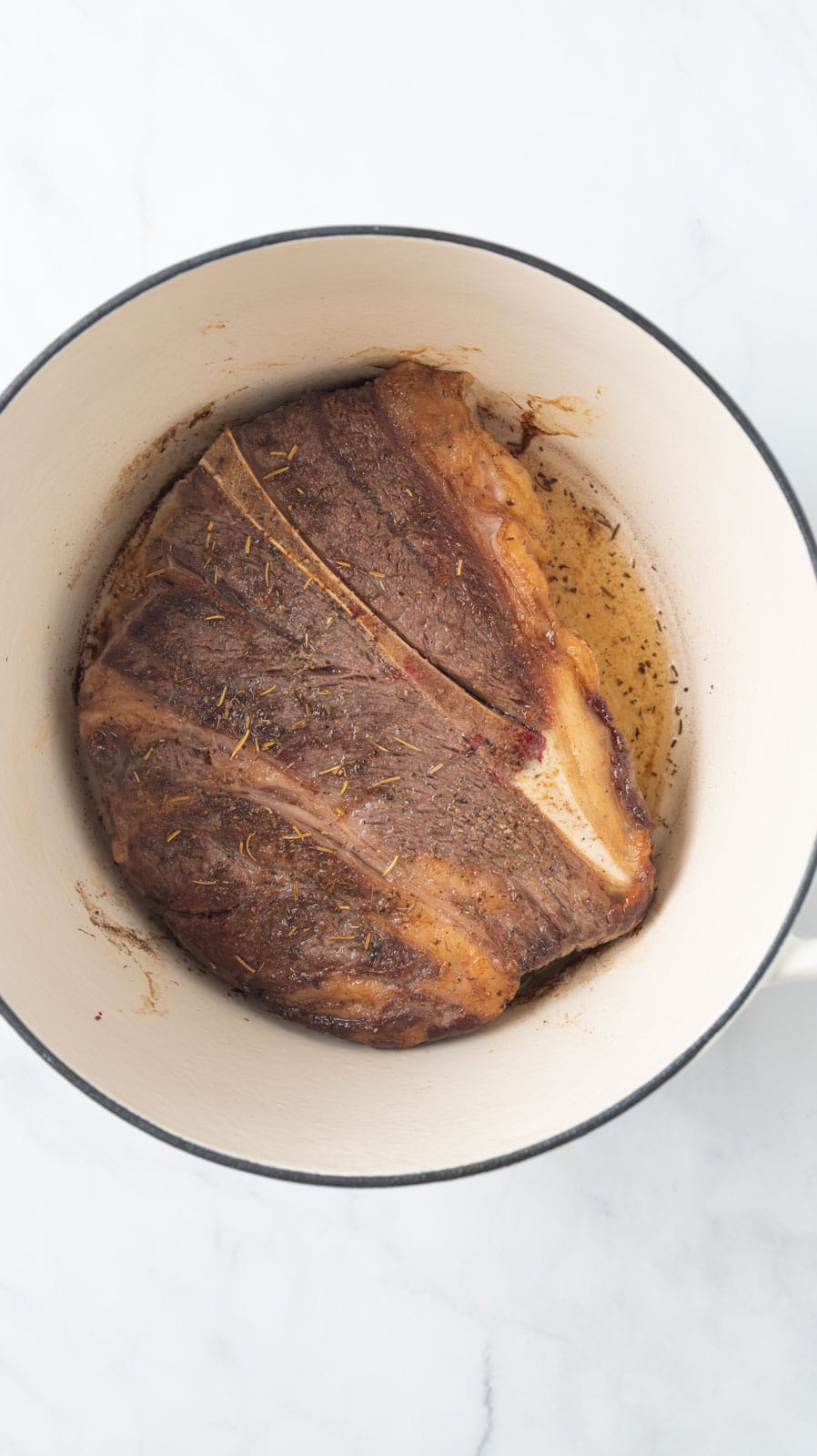 A seasoned chuck roast seared in an enabled dutch oven.